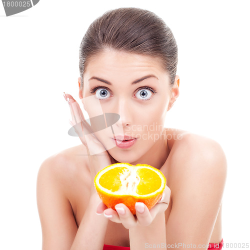 Image of amazed woman holding an orange