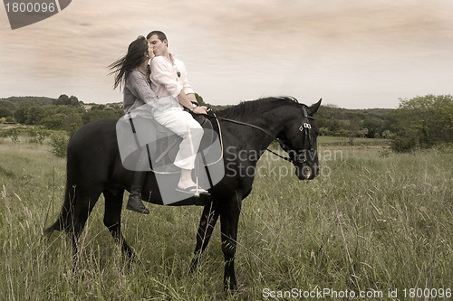 Image of couple and  horse in a field