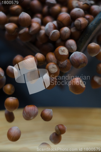 Image of Hazelnuts in Motion Tumbling into Bamboo Bowl