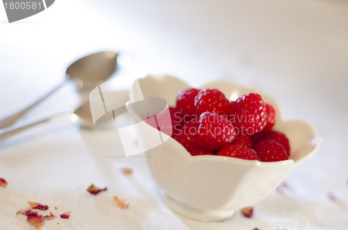 Image of Cream Pouring From a Jug Over Fresh Raspberries