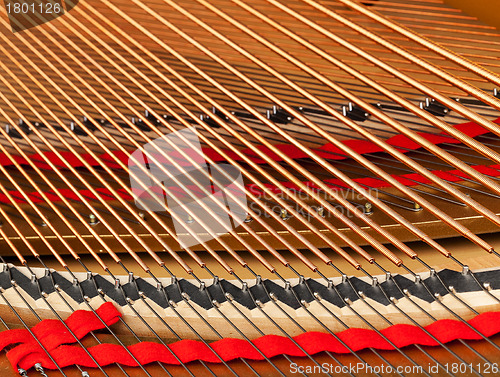 Image of Interior of grand piano with strings