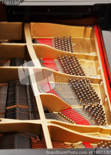 Image of Interior of grand piano with strings