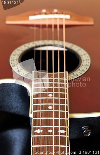 Image of View down the fretboard of guitar