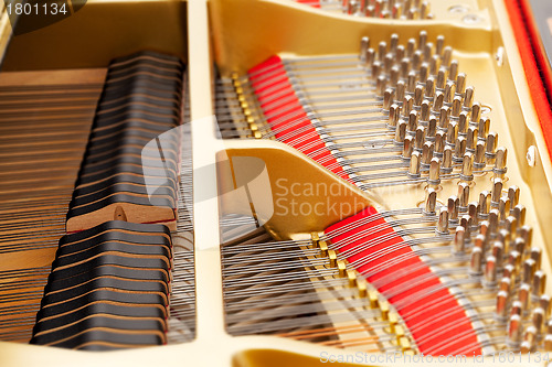 Image of Interior of grand piano with strings