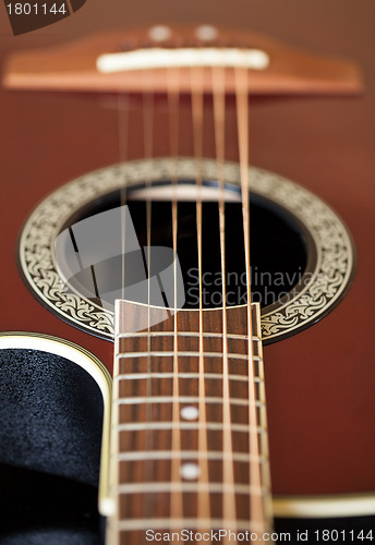 Image of View down the fretboard of guitar