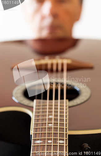 Image of View down the fretboard of guitar to face