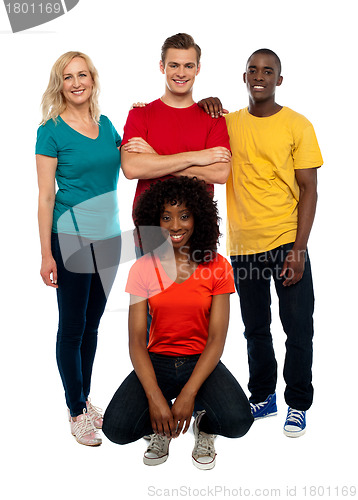 Image of College mates posing against white background