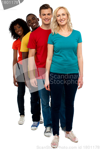 Image of Friends standing behind beautiful caucasian woman