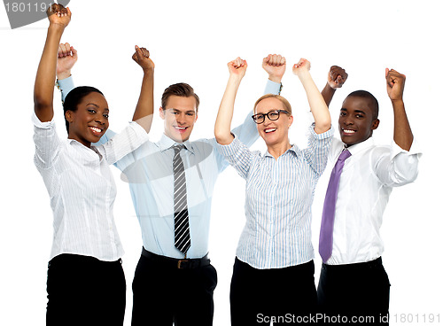 Image of Business team of four celebrating success