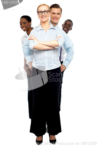 Image of Row of business associates behind smiling woman