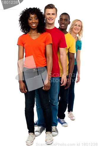 Image of Line of casual friends dressed in colorful attires