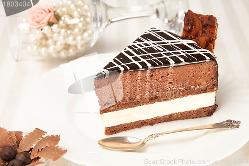 Image of chocolate cake on the white plate