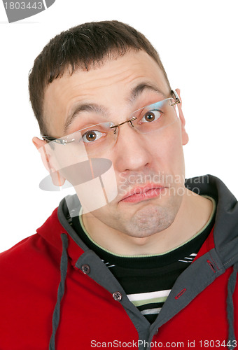 Image of Portrait of a guy with glasses in a red dress