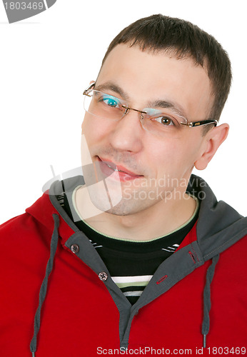 Image of Portrait of a guy with glasses in a red dress 