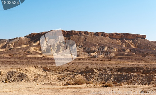 Image of Scenic weathered yellow hill in stone desert