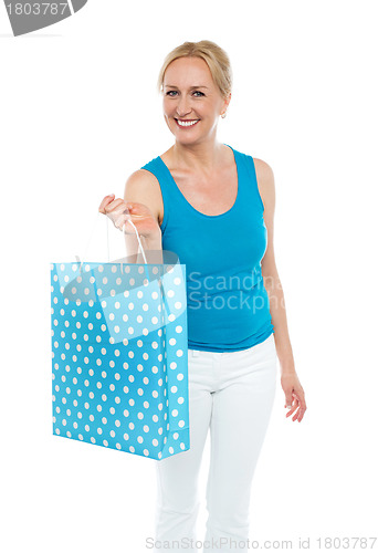 Image of Shopping woman carrying bag, enjoying sale