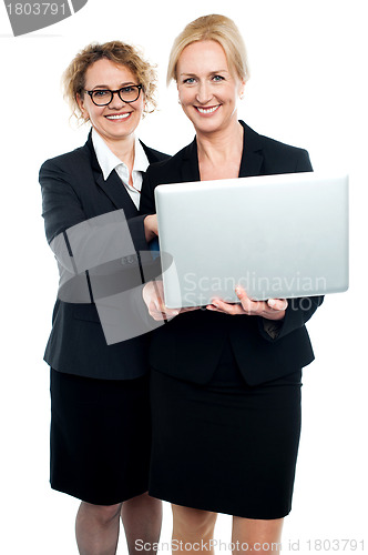 Image of Cheerful corporate ladies using laptop