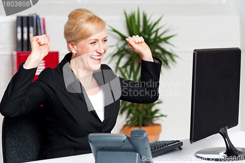 Image of Excited corporate lady looking at computer screen