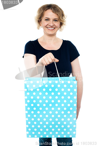 Image of Shopaholic female holding shopping bag