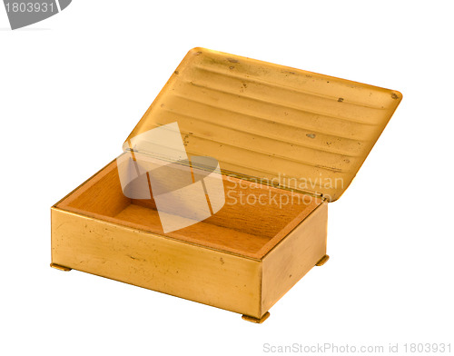 Image of Gold color metal wooden jewelry box isolated 