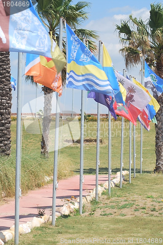 Image of Different flags row.on  windsurfing station in Alacati, Turkey