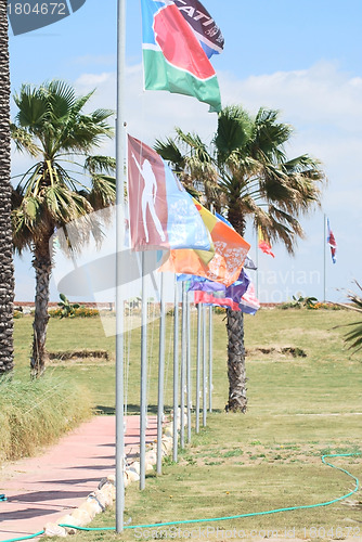 Image of Different flags row.on  windsurfing station in Alacati, Turkey