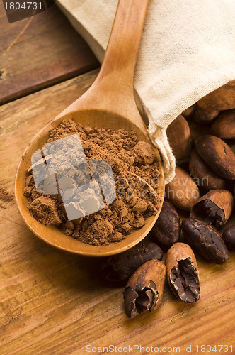 Image of Cocoa (cacao) beans on natural wooden table
