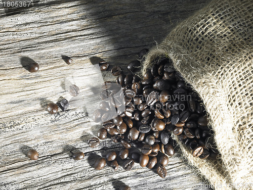 Image of coffee beans on weathered wood