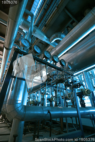 Image of Industrial zone, Steel pipelines and cables in blue tones