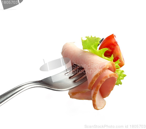 Image of fork with meat and tomato
