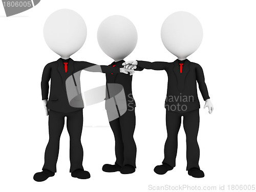 Image of 3d rendered business people in uniform putting hands together al