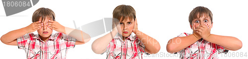 Image of Hear no evil, see no evil and speak no evil, boy isolated on whi