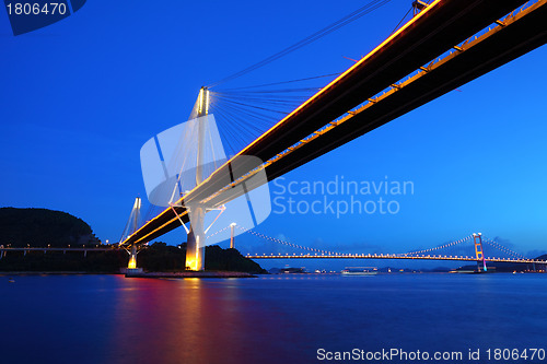 Image of Ting Kau Bridge and Tsing ma Bridge at evening, in Hong Kong