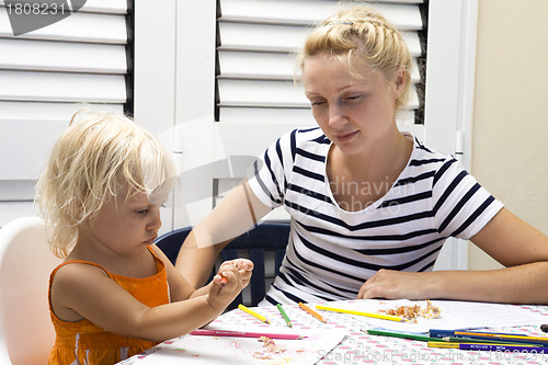 Image of mother teaching to draw hwr daughter 