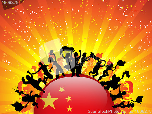 Image of China Sport Fan Crowd with Flag