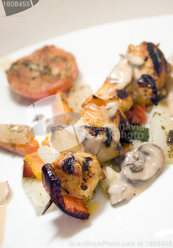 Image of chicken shish kebab on skewer in mushroom sauce