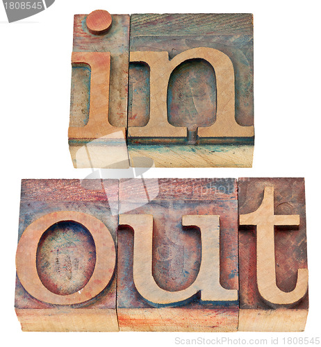 Image of in and out word in wood type