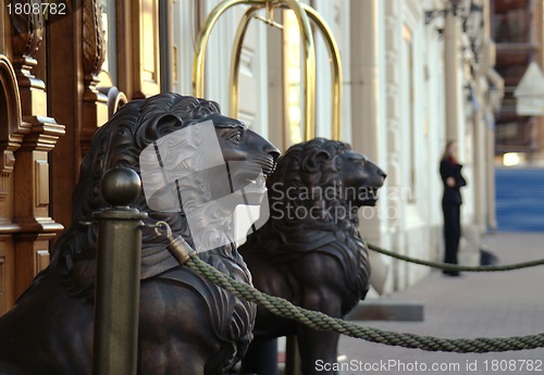 Image of Wooden lion sculptures