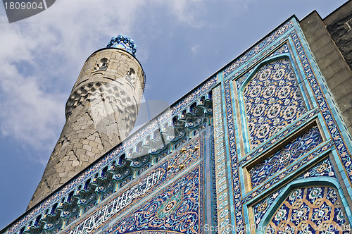Image of The minaret and the front wall with Arabic mosaics of the ancien