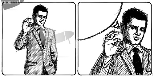 Image of Sketch happy businessman in suit shows OK