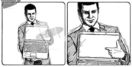 Image of Sketch Businessman With Open Laptop In His Hands