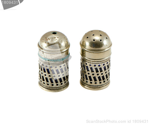 Image of Retro silver salt and pepper isolated on white background. Kitchen objects. 