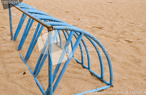 Image of Blue steel bicycle parking place sea sand in beach 