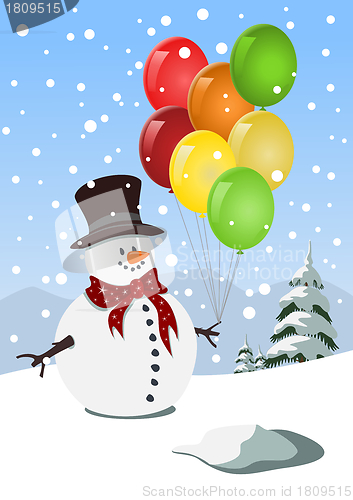 Image of Happy snowman holding colorful balloons