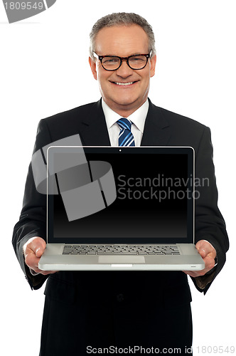 Image of Senior executive standing with open laptop