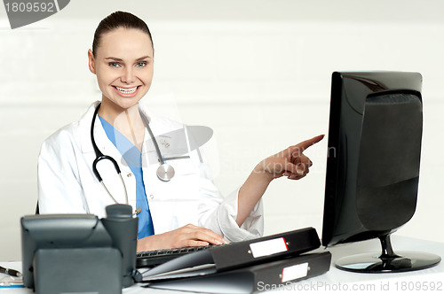 Image of Female professional pointing at lcd screen