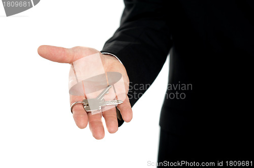 Image of Businessman offering keys, closeup shot
