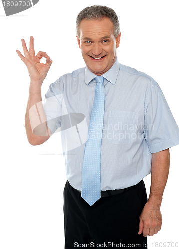 Image of Cheerful male executive showing okay sign
