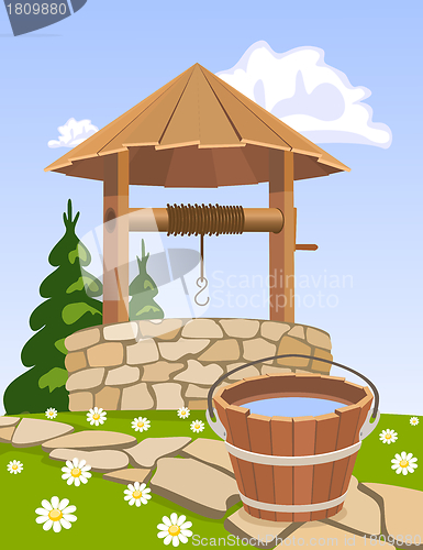 Image of Old wooden well and bucket of water