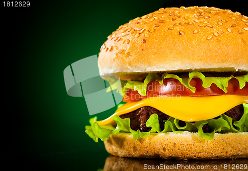 Image of Tasty and appetizing hamburger on a darkly green